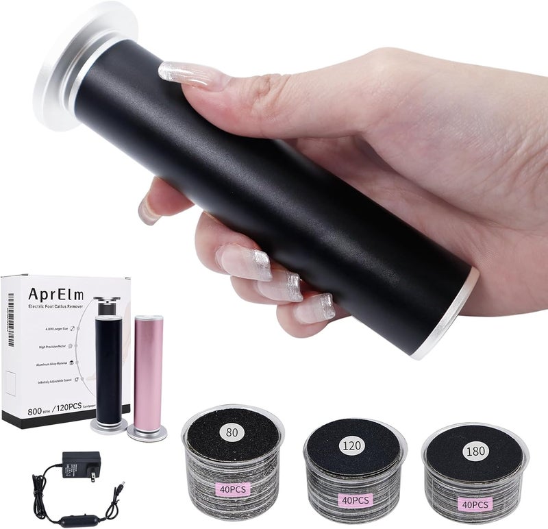 APRELM 4.8IN Longer Electric Foot Callus Remover with 120pcs Sandpaper Discs, Professional Aluminum Callus Remover for Feet, Stepless Speed Control Pedicure Tools for Dead Skin (Black-pro) - Image 1